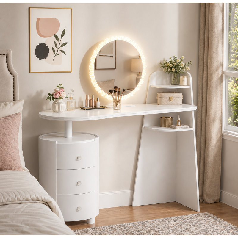 Meuble-lavabo moderne avec miroir en cristal et lumières, coiffeuse avec armoire incurvée et tablette pour la chambre à coucher, blanc