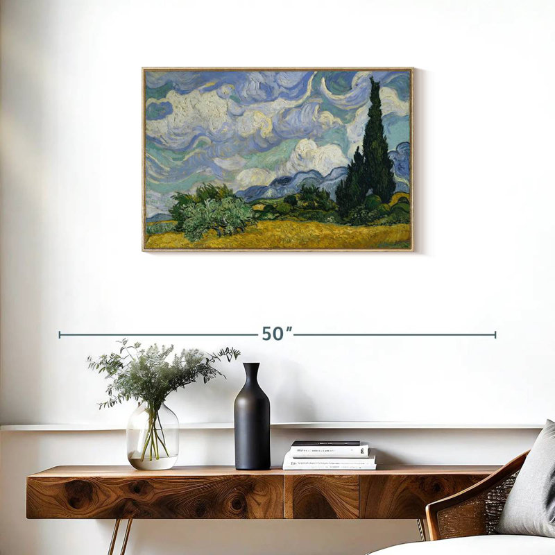 Peinture champ de blé avec cyprès, Cadre flottant en bois naturel, 31 po x 21 po