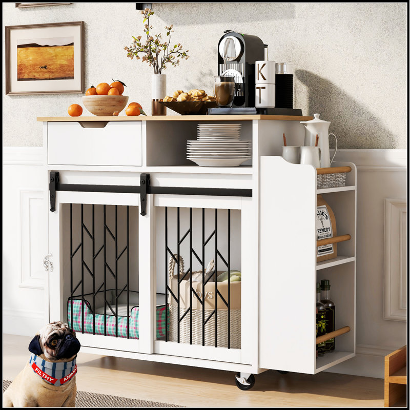 Table de bout pour îlot de cuisine 2-en-1 pour animaux de compagnie avec portes coulissantes et rangement spacieux, idéale pour les maisons modernes et les petits chiens