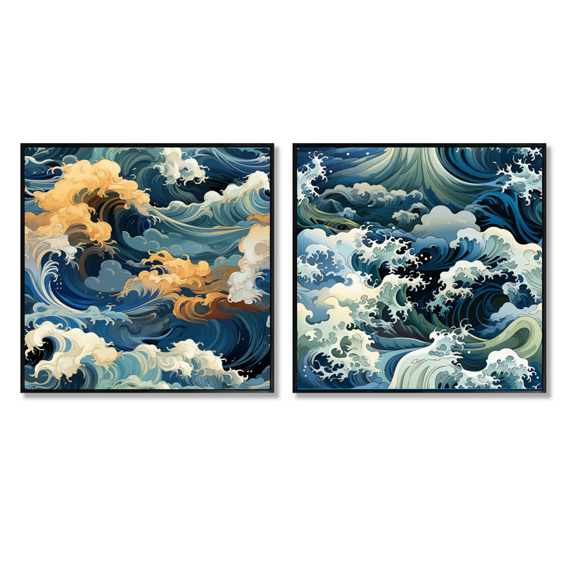 Rasco - Ensemble de 2 collages nautiques et carrés de plage, Cadre flottant noir, H 16 po x l 33 po