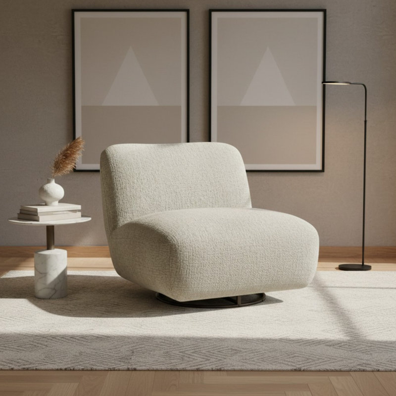 Upholstered Chenille Swivel Slipper Chair, Cream