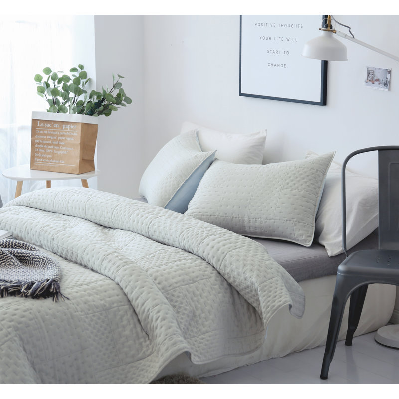 Heat Pressed Polyester Quilt, King Quilt + 2 Shams, Fairest Gray/Soft Sky Blue
