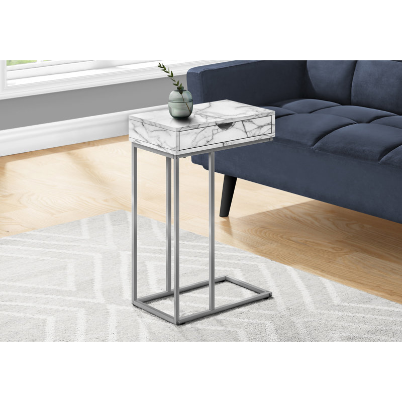 Table d'appoint, en forme de C, bout, côté, collation, tiroir de rangement, salon, chambre à coucher, stratifié aspect marbre blanc, métal gris, contemporain, moderne