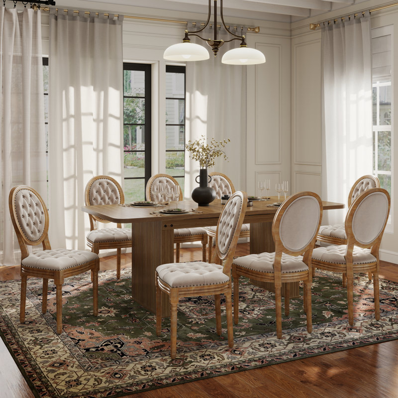 Mid-century Wood Rectangular Pedestal Dining Set with French Dininig Chair, Beige, 9 Pieces: Table, 8 Chairs