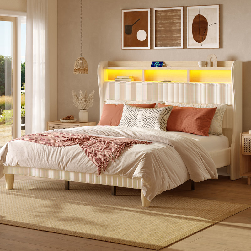 Beige King Velvet Upholstered Platform Bed Frame with Storage Headboard and LED Lights, King