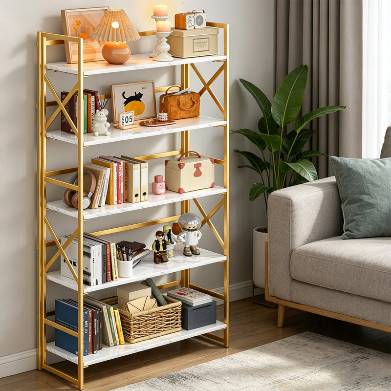 Très grande bibliothèque à 5 niveaux, bibliothèque industrielle pliable ouverte, sans assemblage, Blanc / Doré