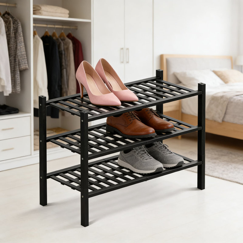 Stackable Bamboo Shoe Rack Organizer With Grid Panel, Multifunctional Free Standing Storage Shelf For Closet, Hallway, Entryway, And Small Spaces