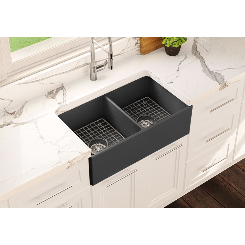 RAMSAY DOUBLE FIRECLAY KITCHEN SINK, 33", GLOSS WHITE, Matte Black