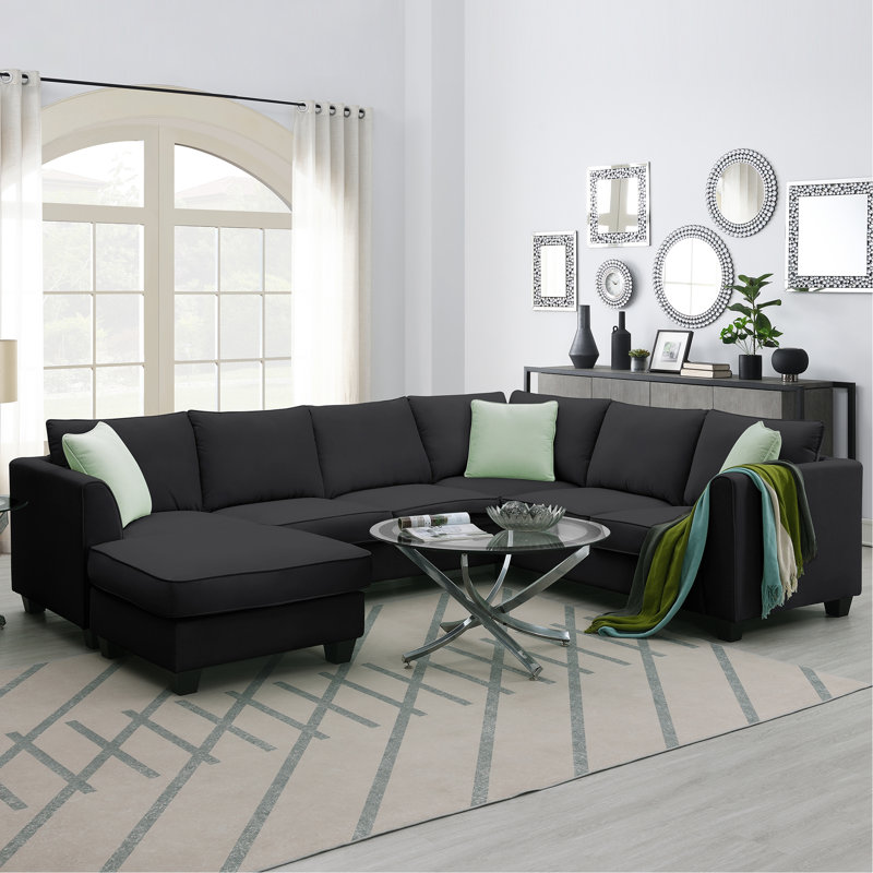 Ensemble de canapé modulaire de 112 po x 87 po avec canapé-lit modulaire 7 places avec repose-pieds, ensemble de canapé d'angle en tissu en L avec 3 coussins, noir
