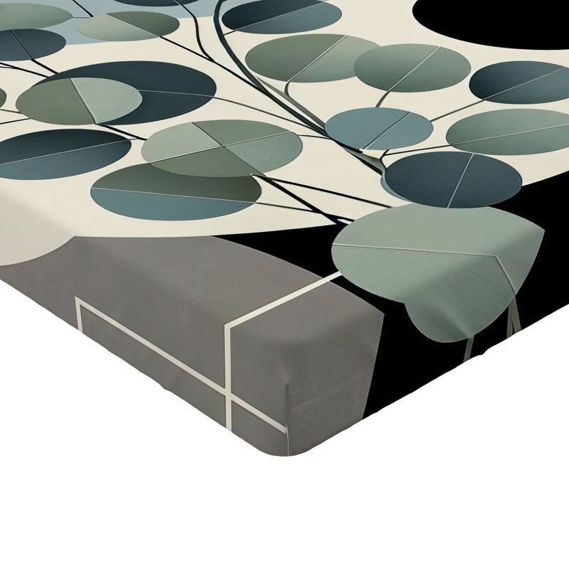 Drap-housse à motif de feuilles d'eucalyptus Ambesonne - Mid-Century froid - Noir, bleu, gris et vert