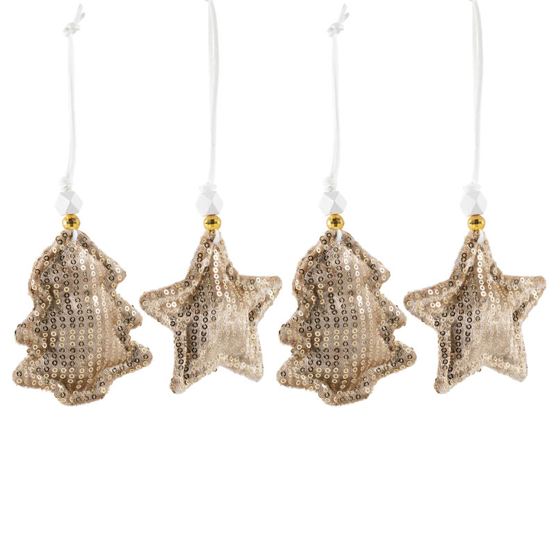 Sequin Stars And Trees Plush Christmas Ornaments - 4" - Set Of 4