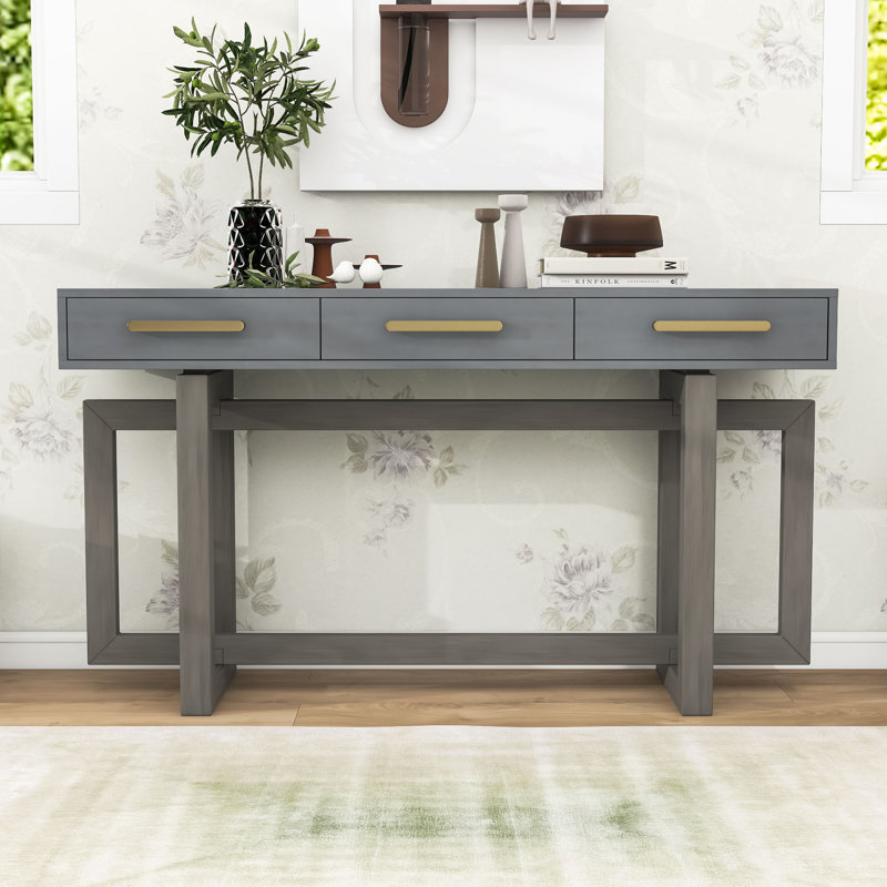 Wood Console Table with Three Drawers, Antique Gray