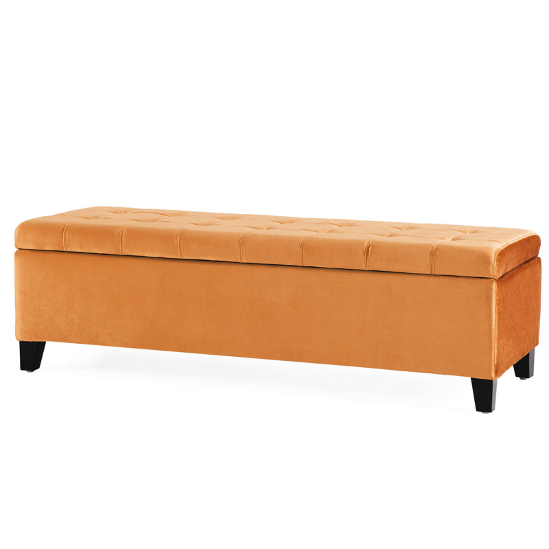 Burnt Orange Velvet Bench With Large Storage And Surface, On Birch Wood Legs Dark Brown Finish, 250 Lbs Weight Capacity Compartment Legs, Supports Up To