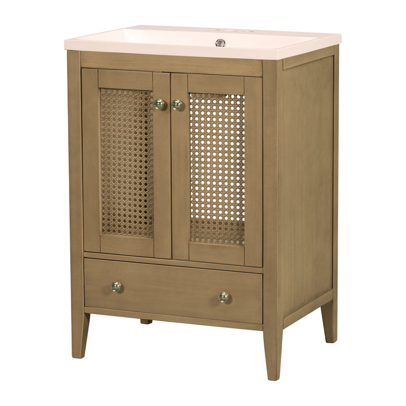 Meuble-lavabo 24 po avec lavabo en céramique, armoire de rangement en rotin avec deux portes et tiroir, structure solide
