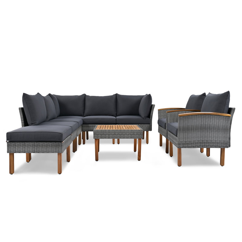 Ensemble de conversation moderne 9 pièces avec osier PE et bois d'acacia