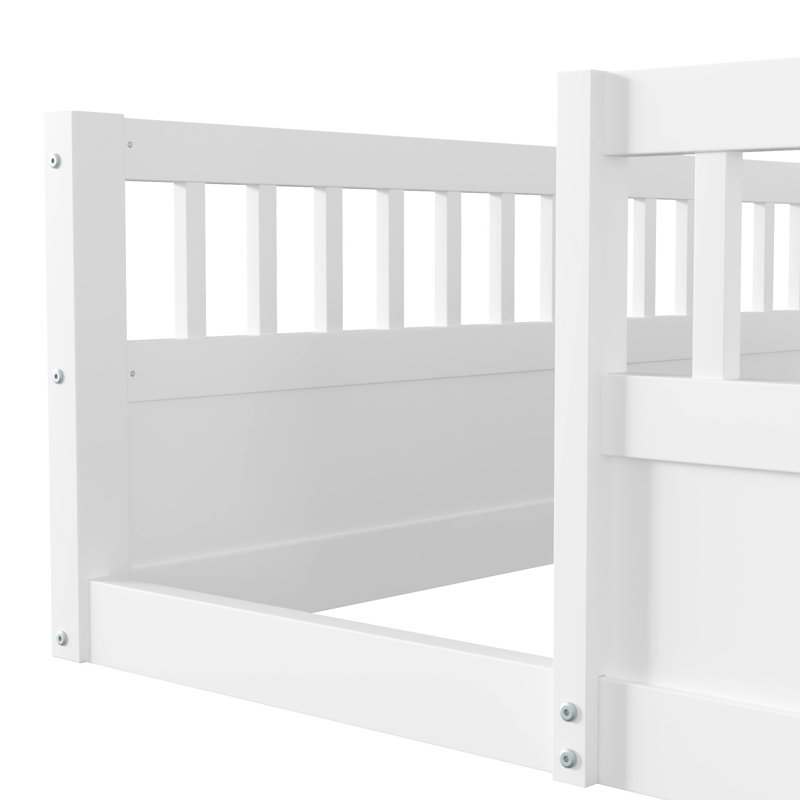 Children's solid wood platform bed with safety rails, Twin, White