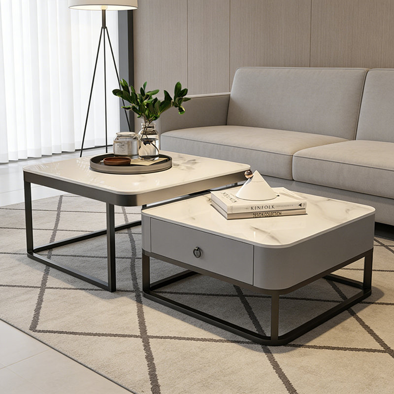 Table basse simple et moderne, H 17 po x L 27,55 po x l 27,55 po, Blanc / Gris, Black