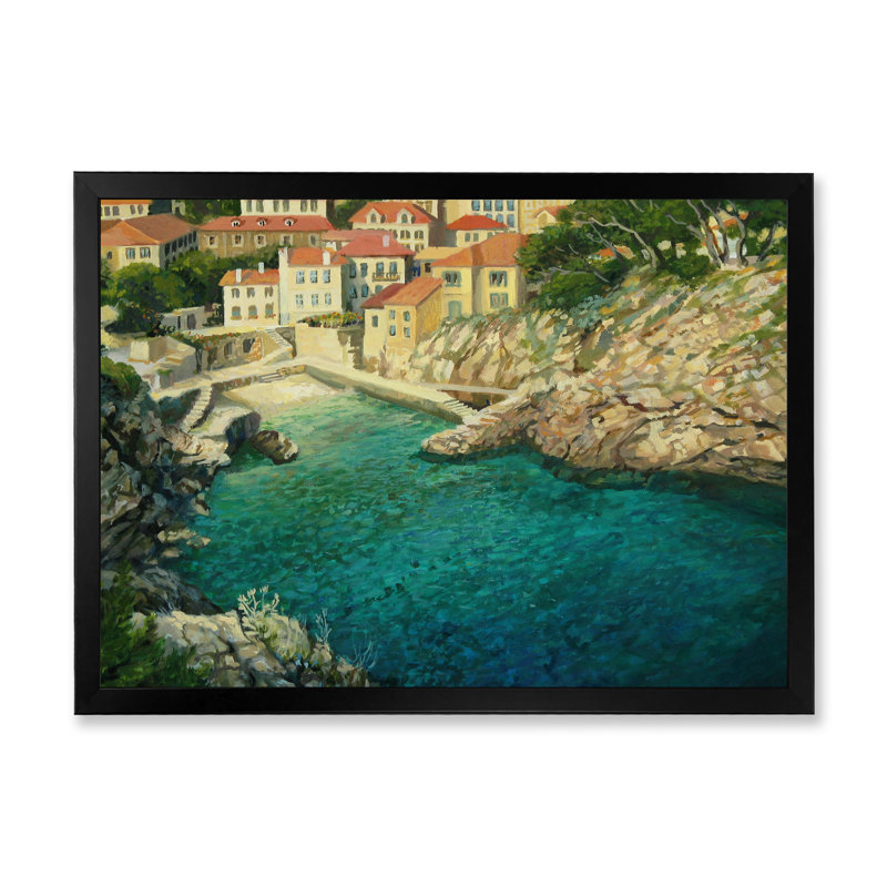 «Vintage Italian Coastal Town», reproduction sur toile, Cadre d'angle fermé noir, H 8 po x l 12 po x P 1 po