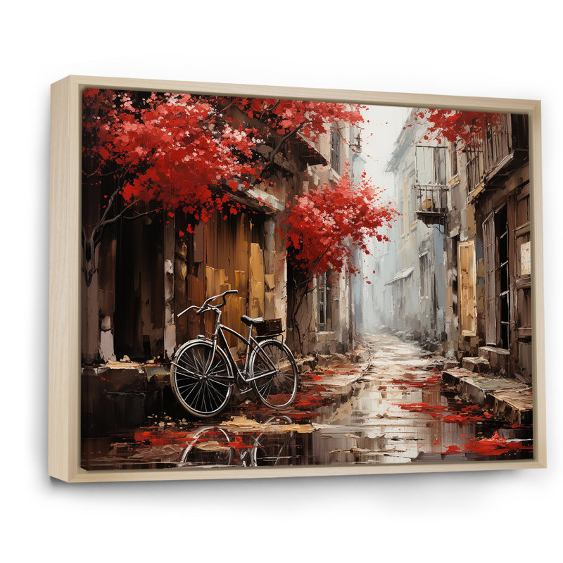 Crimson Ride Red Flowers I - Art mural de bicyclette pour le salon, H 12 po x l 20 po x P 1 po, Cadre naturel flottant