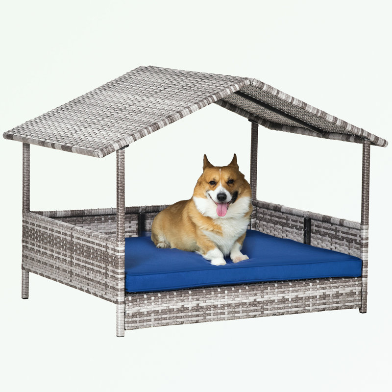 Niche pour chien d'extérieur en osier avec auvent et coussin résistant à l'eau, Ivoire, gris clair et bleu