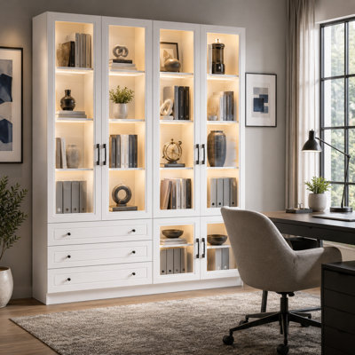 63" Wide White Display Cabinet With 7-Color LED Lighting & Remote Control