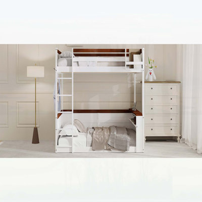 Queen Size Wooden Bunk Bed with Built-in Shelves, Storage Box, LED Light and USB Charging Station, White