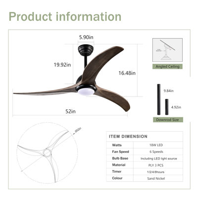 Ventilateur de plafond 52 po, intérieur et extérieur avec éclairage et télécommande, moteur réversible silencieux, 6 vitesses, 3 couleurs, pour salon de patio, chambre à coucher, bureau, intérieur