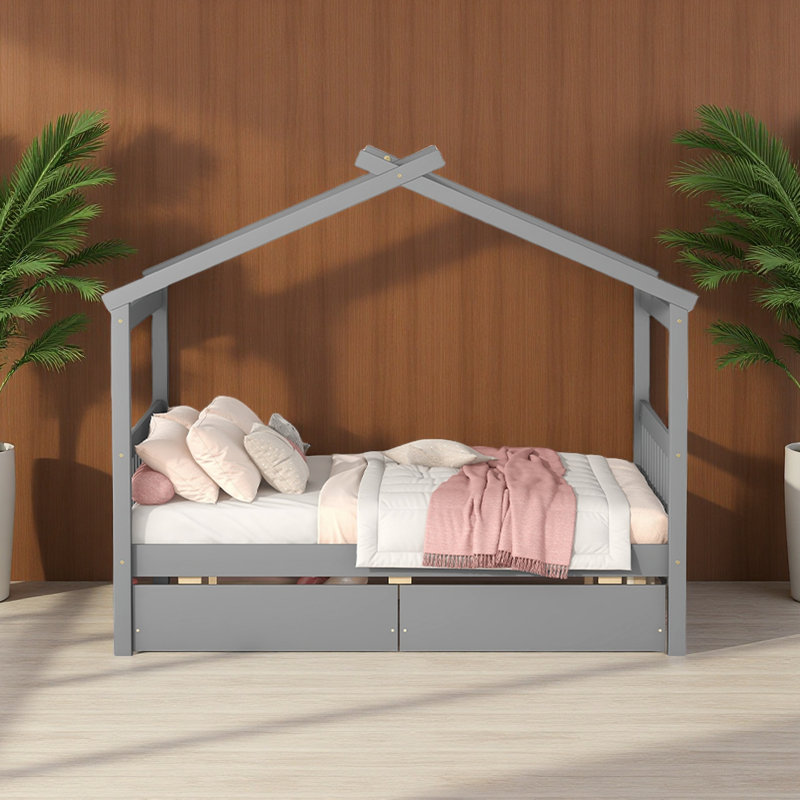 Lit en bois avec tiroirs, Gris, Lit double