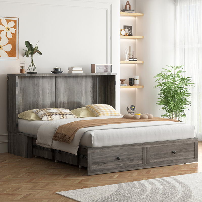 Mjkone Queen Murphy Bed With Usb Charging - Space-saving Foldable Wall Bed Converts To Sleeper, Includes 4.7" Mattress & 2 Storage Drawers, 880lbs Capacity