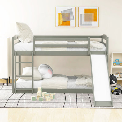 Twin Over Twin Bunk Bed With Convertible Slide And Ladder , Gray