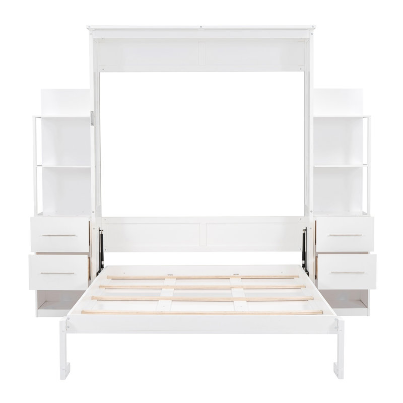 Grand lit escamotable mural avec tablettes intégrées, tiroirs et éclairage à DEL