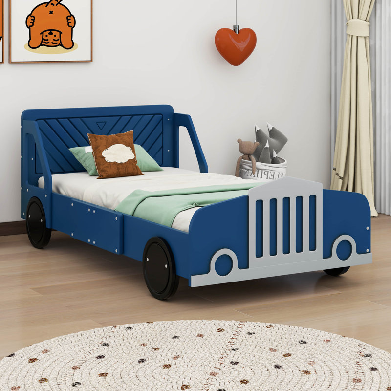 Lit plateforme simple en forme de voiture avec roues Skylon, Bleu