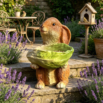 Rabbits Shaped Bird Feeder Resin Construction Hand Colored Rain Adapted 21cm Height, Yellow
