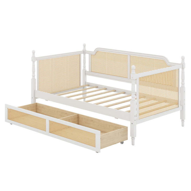 Traditional Rattan Daybed with Storage Drawers, Antique White