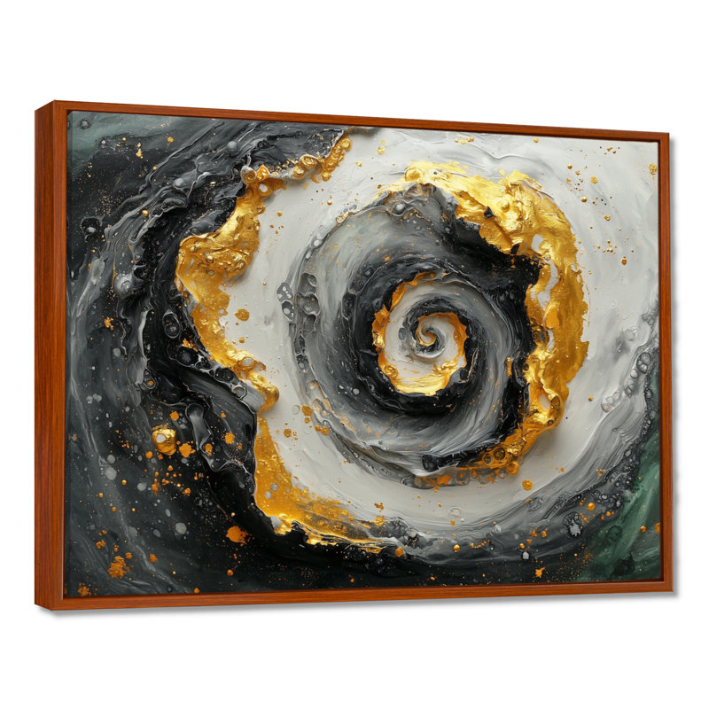 Abstrait vortex cosmique noir et or I - Abstrait spirales murales, H 30 po x l 40 po, Cadre flottant, Brun