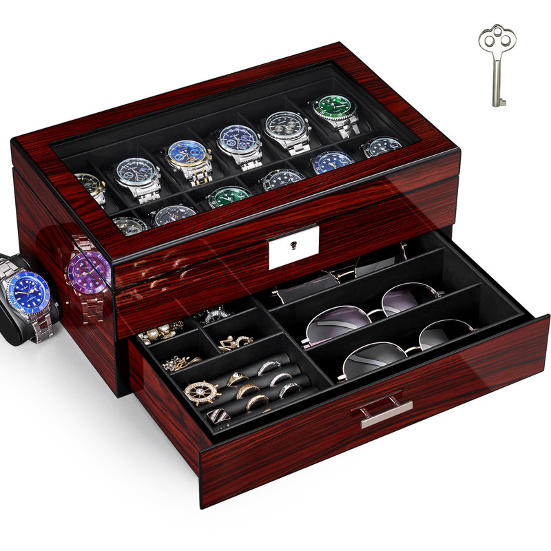 Boîte à montre Boîtes de rangement avec grand couvercle en verre 2 niveaux