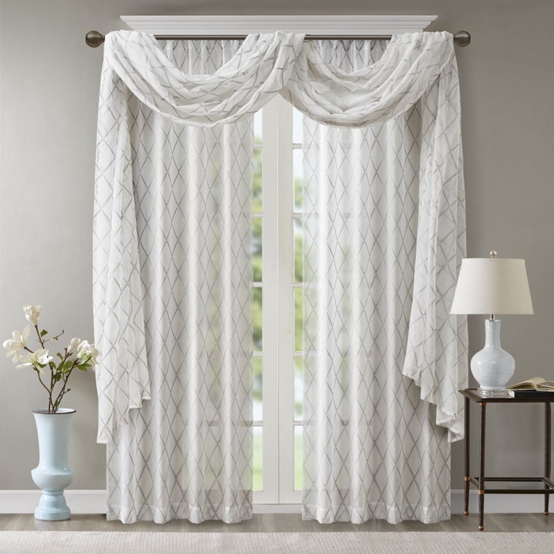 Irina Solid Sheer Embroidered Single Window Scarf, 50" W x 216" L, White/Gray