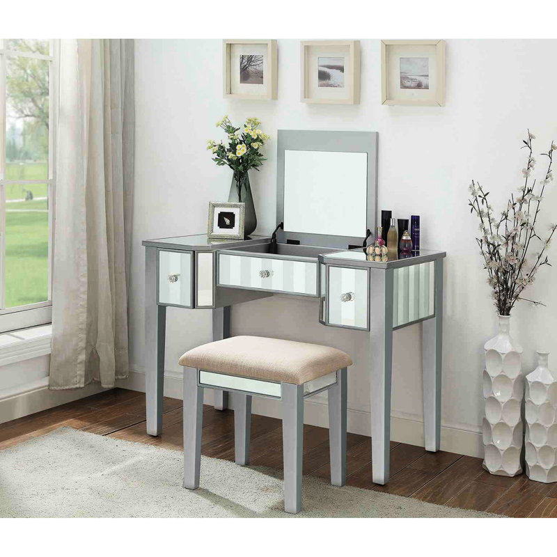 Silver 1Pc Vanity And Stool , Transitional Aspect Concept, 3 Drawers For Storage, 5Mm Central Mirror, Solid Wood Bedroom Selection Concept W/ In Style, Framework Scheme, Color Scheme