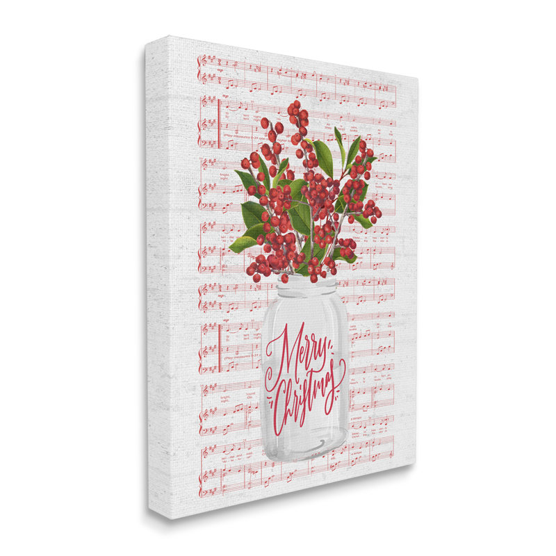 Houx de Noël, plante, feuille de musique, notes de fond, giclée noire, art texturé par lettres et lignes, Toile tendue