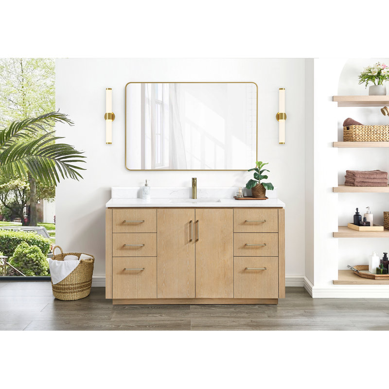 Meuble-lavabo simple 60 po avec plateau en pierre composite Cloverfield, Or, Gris cendré délavé