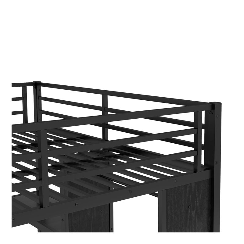 Très grand lit simple au-dessus de très grand lit simple avec garde-robe intégrée, lit superposé en métal avec bureau pliable, noir