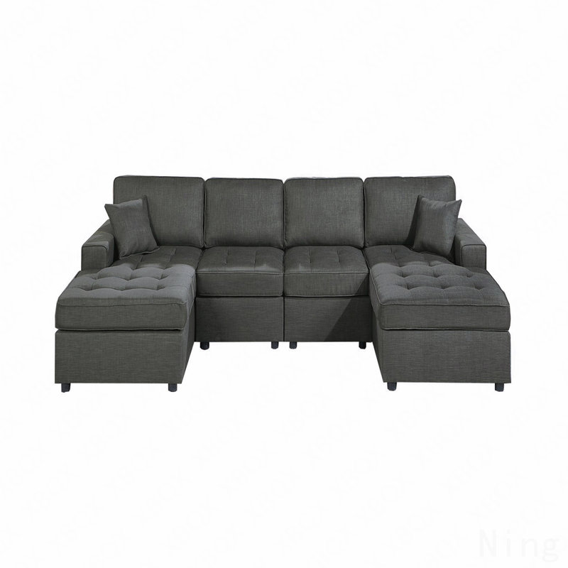 Contemporary Style Sectional Sofa Set Raf And Laf Chaise Armless Chairs Ash Black Color Dorris Fabric Tufted Couch Pillows Living Room