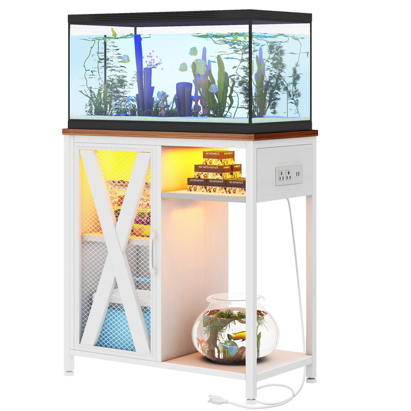 Deshayla Rectangle Aquarium Stand with Power Outlets & LED Light, White, 30 Gallon