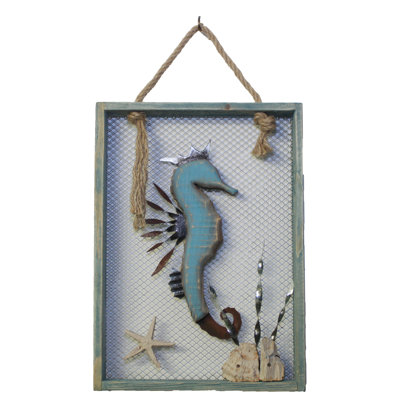 Décoration murale plaque en bois et métal hippocampe