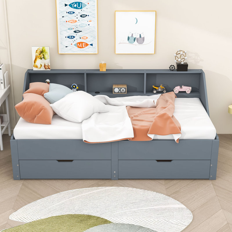 Lit de jour simple en bois avec couchette et tiroirs Faccone, Gris