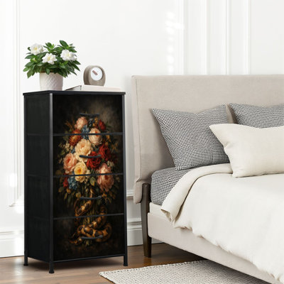 4 Drawer Dresser for Bedroom, Narrow Chest of Drawers, Wooden Top and Study Iron Frame 18"x37.5"-(WxH) - With Dark Moody Floral Bouquet Roses Peonies Exotic Blooms Print