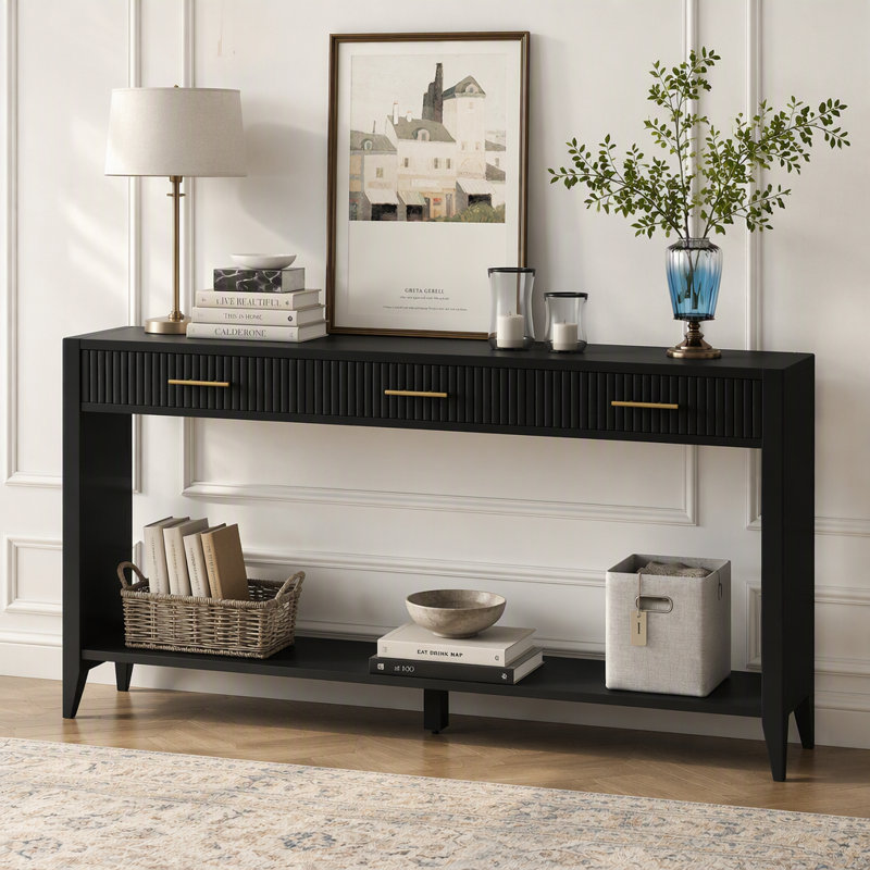 Console peinte 60 po avec 3 tiroirs, table d'entrée en bois avec tablette de rangement, table basse pour salon, couloir, vestibule, vestibule, couloir