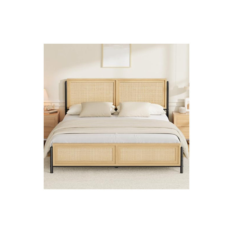 Structure de lit Boho avec tête et pied de lit en rotin naturel, Brun, Très grand lit