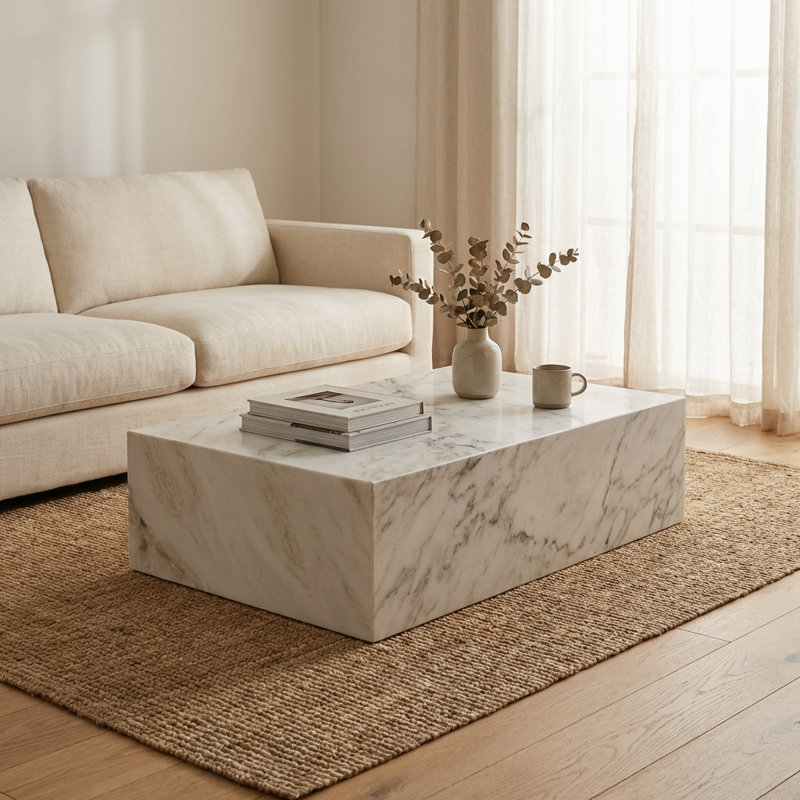 Table basse rectangulaire en marbre naturel - Luxe moderne avec lumière DEL à intensité variable, 18" H x 48" W x 24" D 