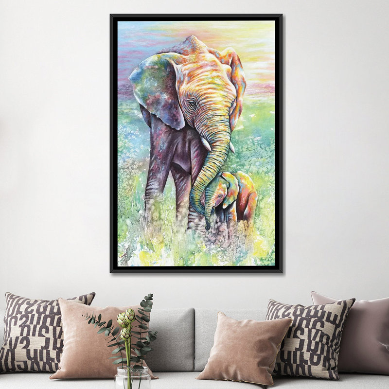 « maman & baby éléphant éléphant colors », reproduction sur toile, H 26 po x l 18 po x P 1,5 po, Toile avec cadre noir